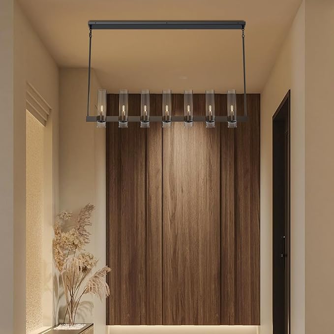 Black Kitchen Island Lighting- 7-Light Linear Chandelier, Adjustable 47'' Modern Farmhouse Rectangle Pendant Light Fixtures, Dining Room, Bedroom