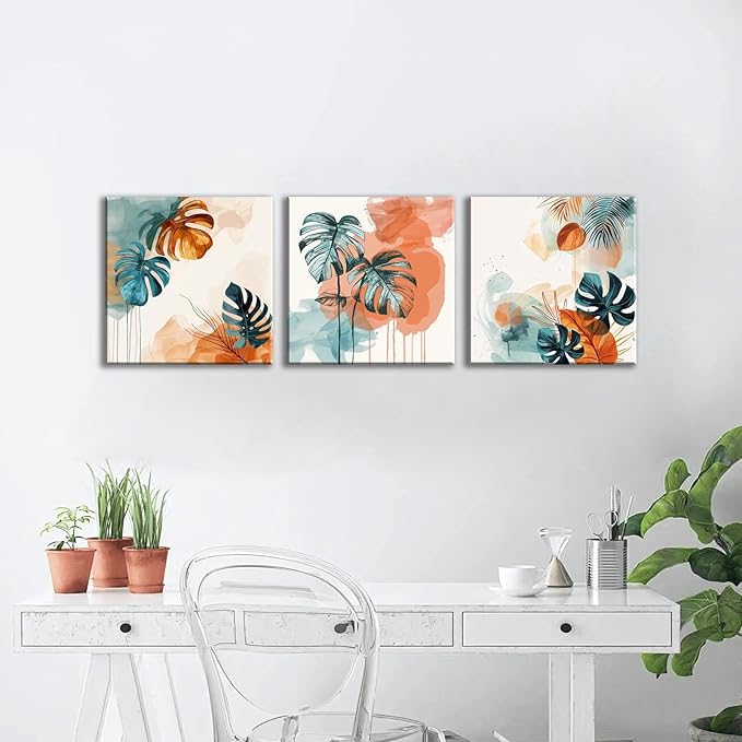 NAN Wind 3Pcs Abstract Tropical Leaves Canvas Art Modern Botanical Wall Decor Teal and Orange Leaf Minimalist Jungle Wall Art Framed Contemporary Nature-Inspired Print for Living Room or Bedroom