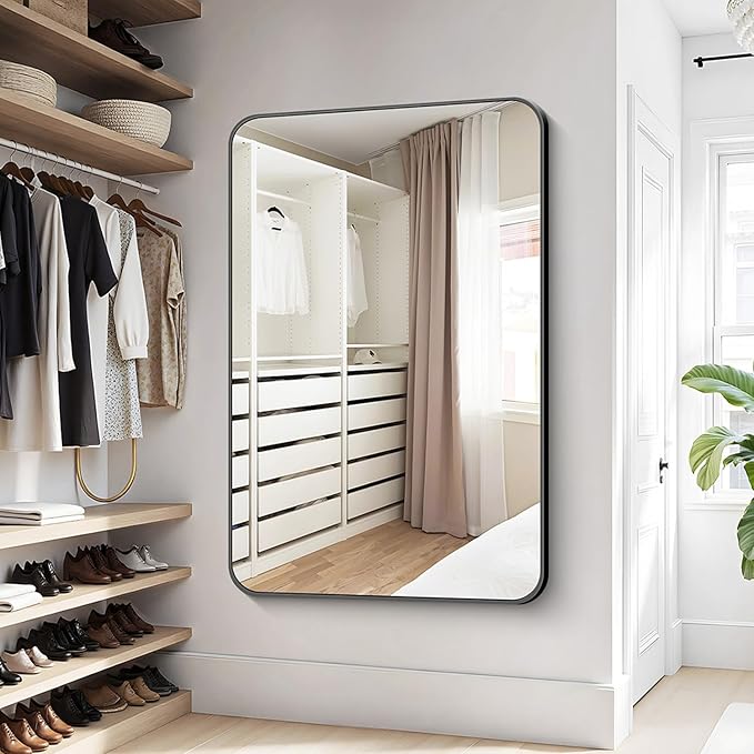 KOCUUY Black Bathroom Mirror 48"x36", Large Vanity Mirror with Rounded Corner, Metal Black Frame with Mordern Design for Bathroom, Living Room, Entryway, Hang Horizontal/Vertical