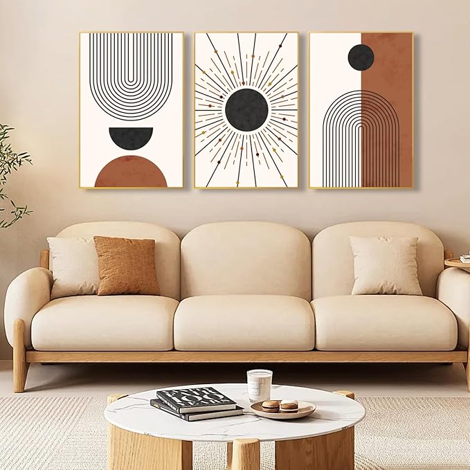 Minimalist Boho Framed Canvas Wall Art Set, Neutral Geometric Line Sun Wall Decor, Mid Century Wall Painting, Abstract Modern Bohemian Art Print for Living Room, Bedroom, Office -16"x24"x3