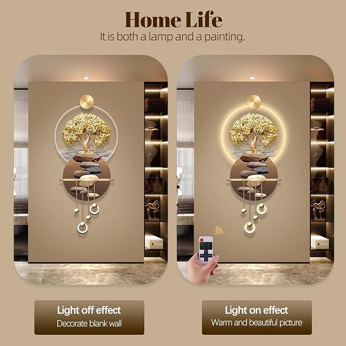 3D Art Wall Decor with Light, Art 3D Decor Wall Sculptures LED Modern Home Decors Picture Walls Light Chinese, Plug-in Power Supply, Gold T, 23x53IN