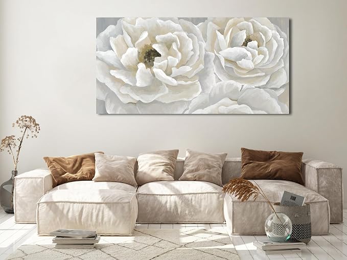 arteWOODS Cream White Flowers Wall Art - Soft Peony Pictures for Wall Decor Elegant Blossom Flower Painting Artwork Botanical Prints for Living Room Home Office Wall Decoration 29" x 58"