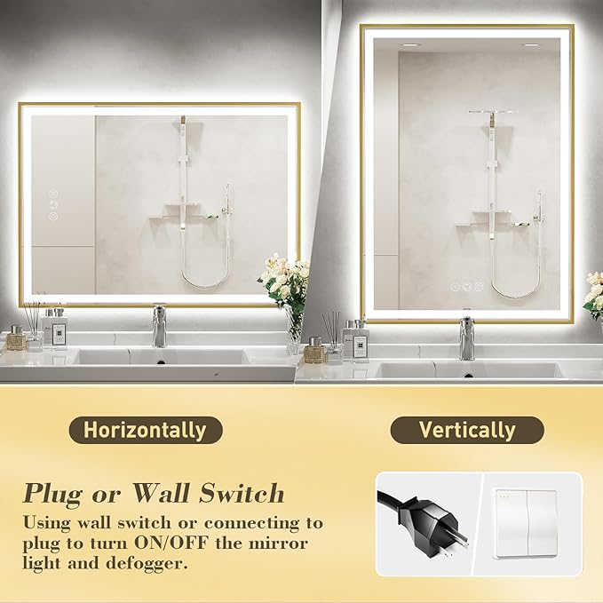 LED Bathroom Mirror, 20x28 Inch Frontlit & Backlit Gold Framed Lighted Mirror,Wall Mouted Vanity with Lights,Double Lights Strips,Anti Fog Stepless Dimmable White/Warm/Natural