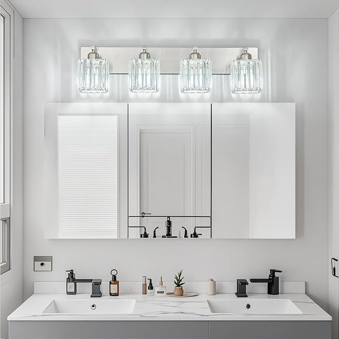 Modern Vanity Light 4-Lights Brushed Nickel Vanity Light Crystal Bathroom Wall Light Bathroom Light Fixtures