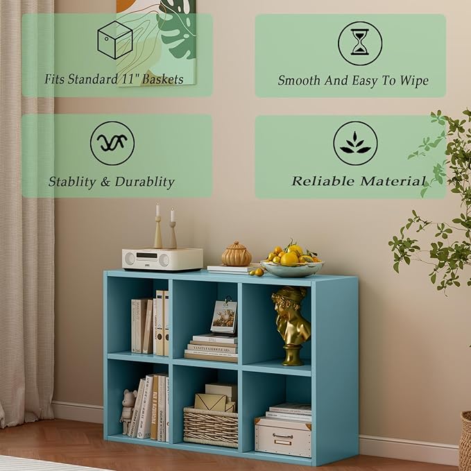 6-Cube Storage Shelf Bookcase - Wooden 3-Tier Floor Standing Open Bookshelf for Home and Office, Display Cabinet, Light Blue