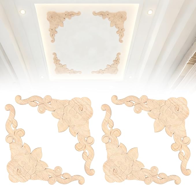 4-Pack Wood Ceiling Molding Corner Trim, 13.4"x13.4" Carved Flower Wall Panels, French Style Decorative Accent for Ceiling & Wall Décor