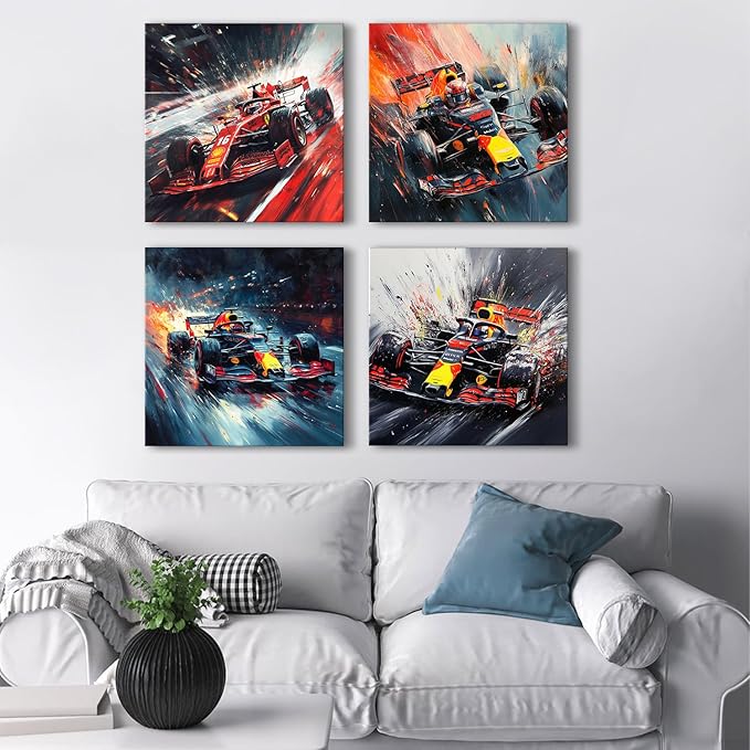 Abstract Supercar Wall Art for Man Cave Colorful Formular Car Pictures Cool Boys Bedroom Posters Black and White Cyberpunk Vehicle Canvas Prints Sport Artwork Playroom Office Home Decoration 20x20" 4P