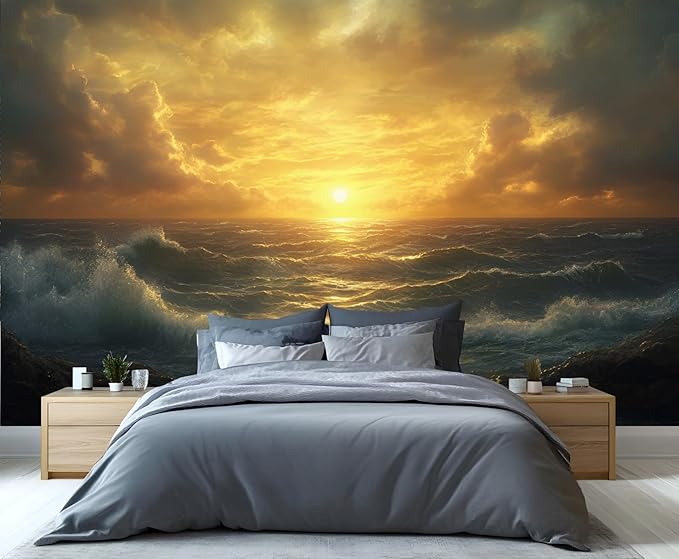 Coastal Mural Wallpaper, Ocean Sunset Murals, Ocean View Murals Wallpaper for Living Room Bedroom Home Decor Mural - 98.4" W x 68.12" H (Not Peel Stick)