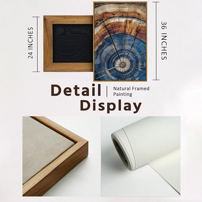 BingruiArt Large Framed Tree Ring Wall Art Wood Canvas Colorful Boho Wall Decor Rustic Artwork Abstract Painting Farmhouse Picture Nature Print for Living Room Bedroom Bathroom 24"x36" Natural Framed(02)