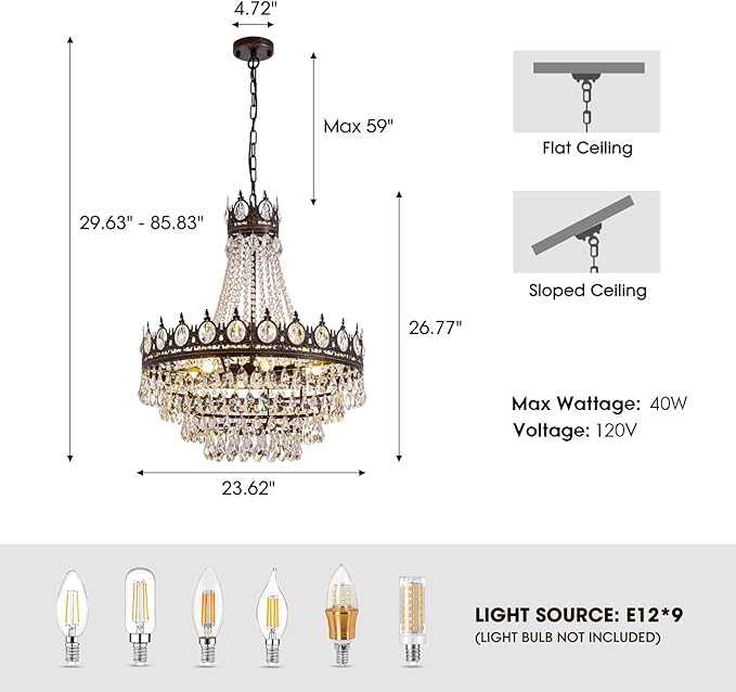 7PM Large Crystal Chandeliers, Vintage French Empire Chandelier, Antique Bronze Crystal Pendant Light, Rustic Farmhouse Ceiling Light for Dining Room Bedroom Living Room Kitchen Foyer, W 24"