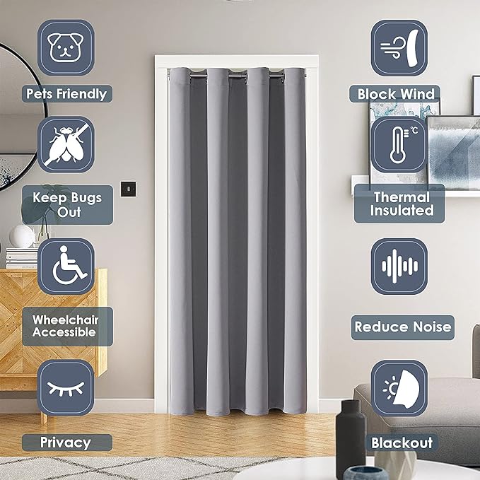 ChrisDowa Blackout Door Curtains for Doorway Privacy, Grommet Closet Curtains for bedroom closet door, Thermal Insulated Temporary Doorway Cover Room Divider Drapes (1 Panel, Light Grey, 34 x 80 Inch)