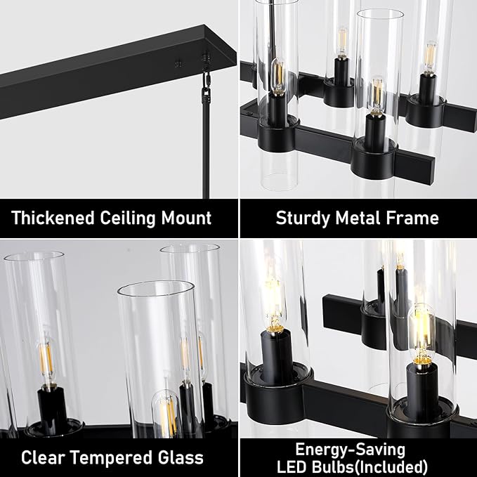 Modern Black Linear Chandelier for Dining Room, 68'' Rectangular Dining Chandeliers Over Dining Table 20 Light, Linear Chandelier Lighting Fixture with Glass over Kitchen Island, Includes Bulbs