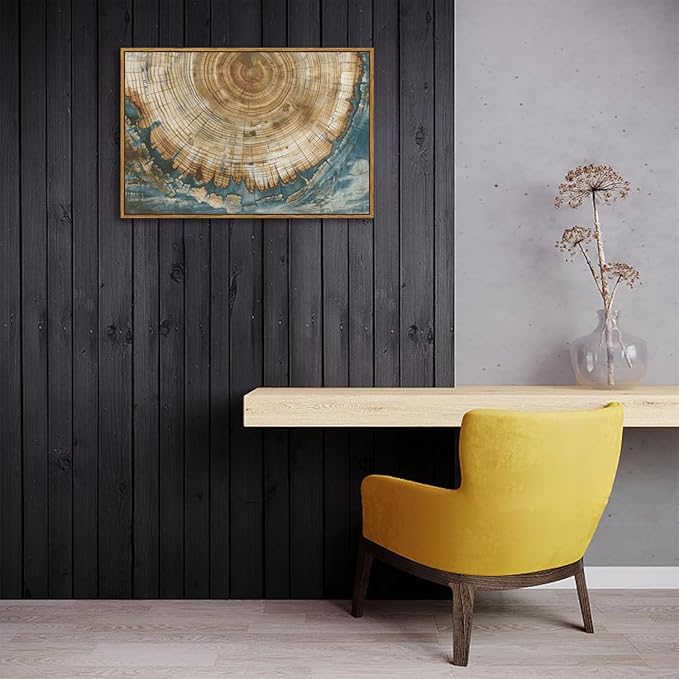 BingruiArt Framed Tree Ring Canvas Wall Art Abstract Wood Wall Decor Boho Modern Colorful Nature Painting Wood Stump Prints Pictures for Living Room Bedroom Bathroom Office 16"x24" Natural Framed(08)
