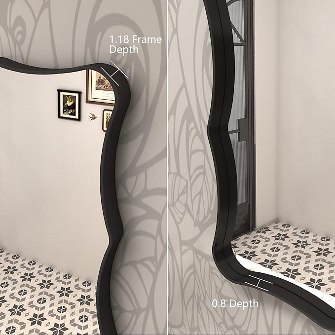 24x36 Matte Black Mirror, Black Metal Vanity Mirror for Wall, Rectangle Bathroom Mirror with Wavy Frame, Anti-Rust(Horizontal/Vertical)