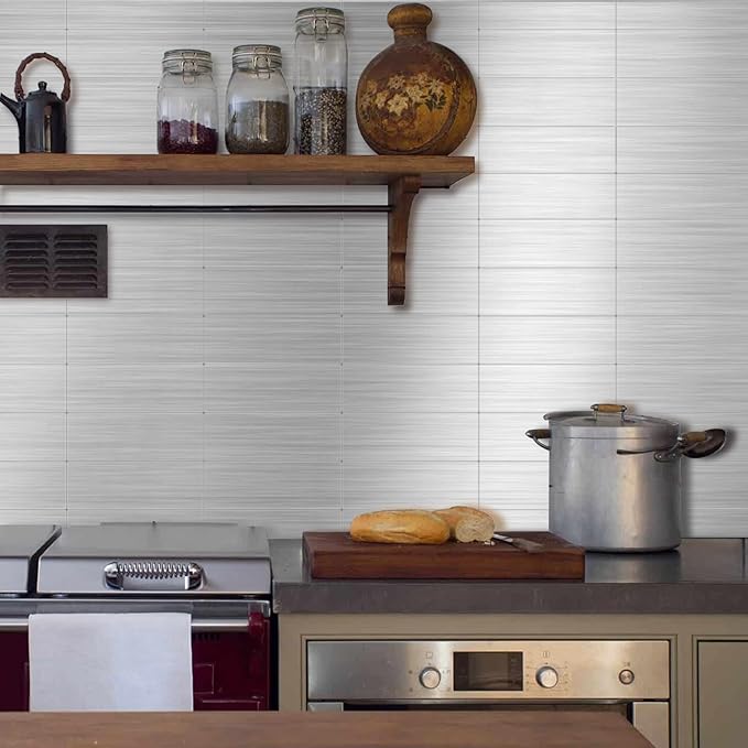 30-Pack of 12 x 4" Brushed Aluminum Peel-and-Stick Tile Backsplash Panels, Stainless Steel Backsplash