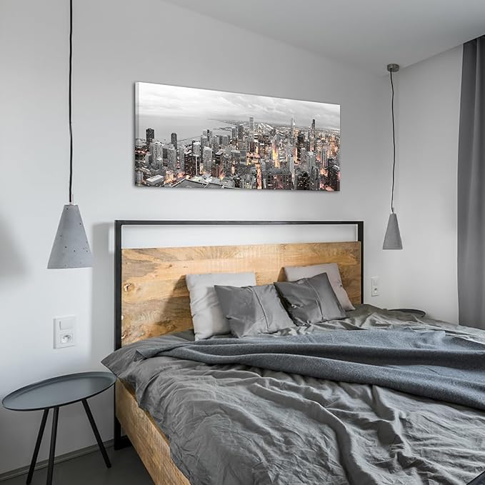 Conipit Black and White Canvas Wall Art Chicago Skyline Cityscape Canvas Print Chicago Panorama Picture Prints Framed for Living Room Bedroom Office Decor 20''X48''