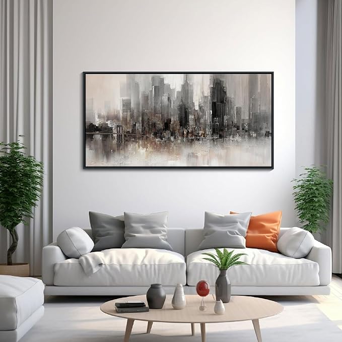 Nyc Skyline Painting Wall Art Grey Buildings Picture for Living Room Modern Home Bedroom Decoration Black and White and Brown Framed Artwork Decor