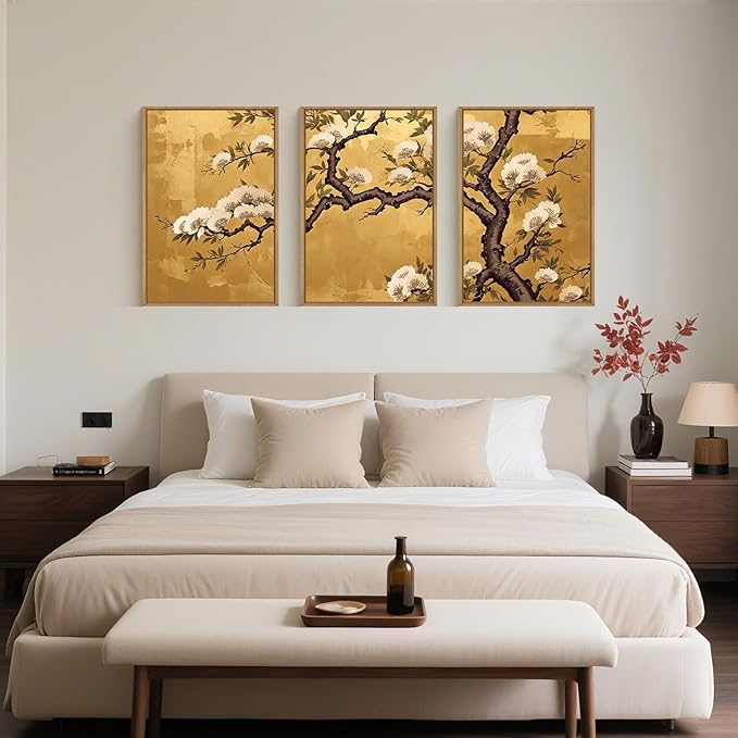 Large Vintage Plum Blossom Framed Canvas Wall Art,Neutral Golden White Floral Wall Decor,Retro Nature Flower Artwork,Modern Neutral Wildflower Art Print for Living Room,Bedroom,Office-16"x24"x3