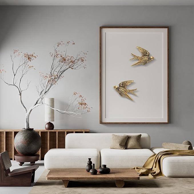 2 Pcs Vintage Bird Wall Sculpture Decor Art 4.7 Inch Antique 3D Sculpted Hanging Bird Resin Wall Art Golden Brass Rustic Floating Ornament for Living Room Garden Indoor Outdoor, Gift for Christmas