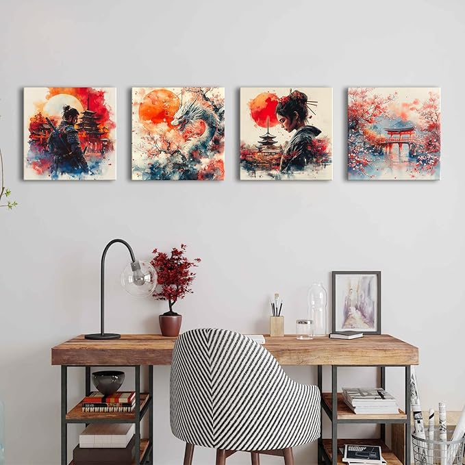 Japanese Wall Art Vintage Abstract Warrior Armored Geisha Canvas Pictures for Living Room Nature Landscape Oriental Posters Asian Dragon Japan Wall Decor Bedroom Office Home Decorations 12x12" 4 Pcs