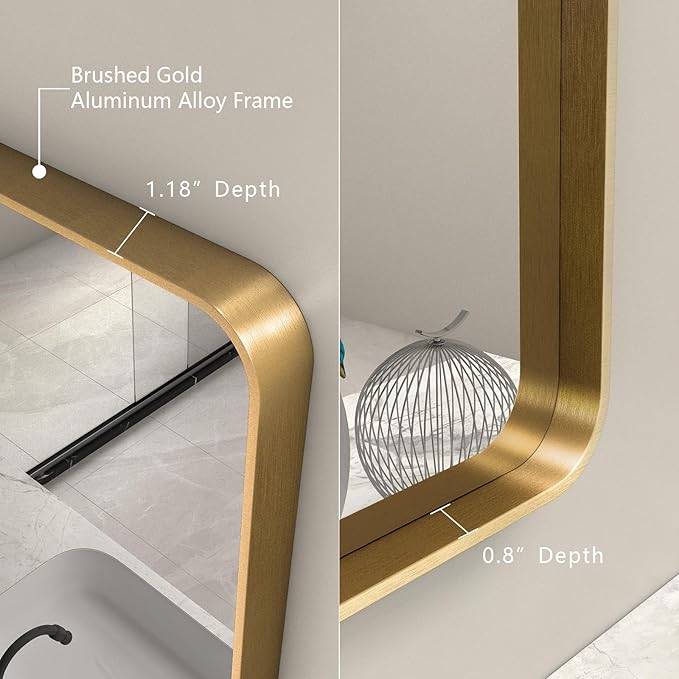 60x40 Gold Bathroom Mirror, Brushed Metal Frame Gold Vanity Mirror, Large Rectangle Mirror for Wall, Rounded Corner, Shatterproof, Anti-Rust (Horizontal/Vertical)