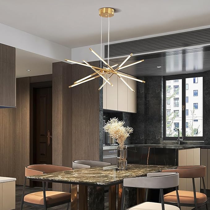 Modern Gold Chandelier,12 Lights Linear Pendant Light Fixtures LED Chandeliers for Dining Room Farmhouse Hanging Light for Bedroom,Living Room,Kitchen Island
