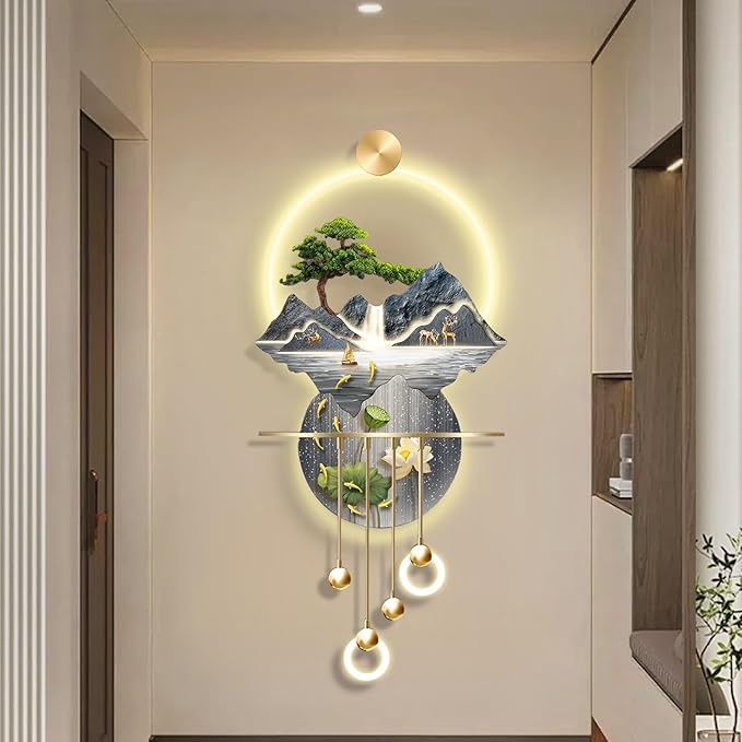 23.64x53.54IN 3D Wall Sculptures Hanging with Led Light Modern Art Deco Lighting Wall Art Decorations Lamp Wall Art Decor with Metal Ball Pendant for Friends(Blue 2)