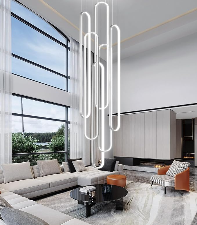 Modern Large Chandelier for Foyer 6 Rings LED Dimmable Silver Chandeliers High Ceiling Chandelier for Staircase Living Room Villa Sliver