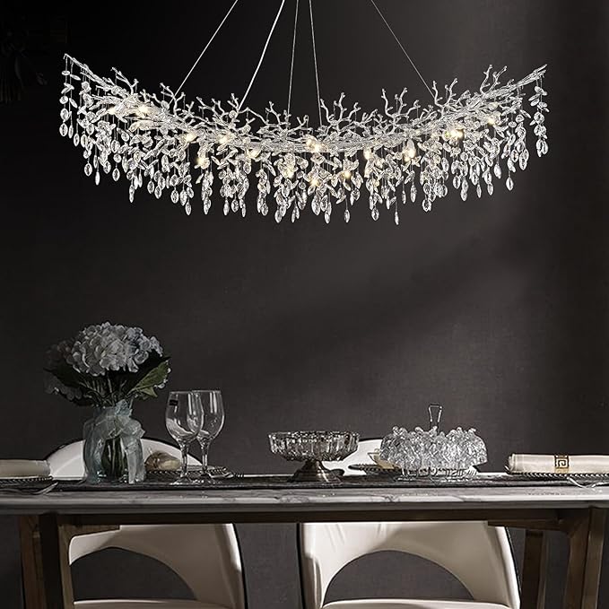 Modern Crystal Silver Chandeliers,72" Large Rectangular Chandeliers for Dining Room, Tree Branch Crystal Lving Room Chandelier,Dining Room Over Table Chandelier,Fixture Height-Adjustable
