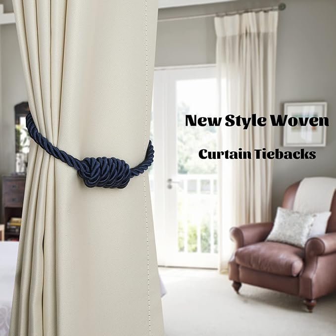 BEL AVENIR Magnetic Curtain Tiebacks, Decorative Drapery Holdbacks Modern Woven Tie-Backs with Exquisite Knot (Navy, 2 Pack)