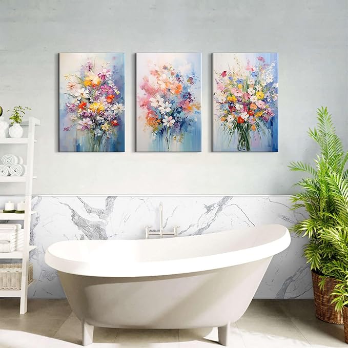 Colorful Flower Pictures Wall Decor Nature Wildflower Canvas Art for Bedroom Abstract Botanical Floral Oil Painting Prints Artwork Daisy Poppy Bouquet Poster Living Room Home Decorations 20x30” 3 Pcs