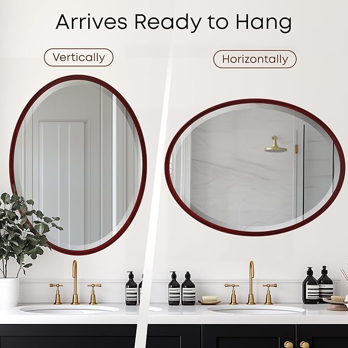 OVALCREST - Oval Wooden Beveled Wall Mirror for Home Decor, Bathroom, Vanity, Bedroom, Living Room, Hallway - London Style (Black Cherry) 31.1 x 21.1