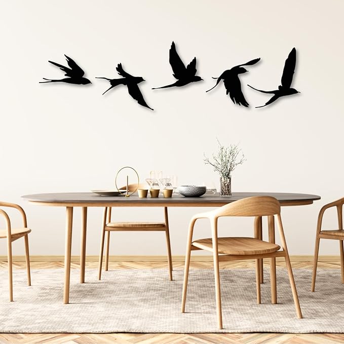 Metal Bird Wall Decor, Birds Metal Wall Decor Set of 5, Metal Birds Wall Art, Metal Birds Outdoor Decor, Bird Wall Art, Bird Art Wall Decor, Birds Sign, Metal Garden Decor (White, 66"x 13"| 170x35cm )