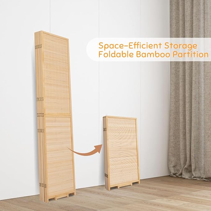 Bamboo Room Divider Folding Privacy Screens, Wall Divider for Room Separation, Portable Room Partitions and Dividers, 5.6FT Bamboo Mesh Woven Room Divider Panel (Beige, 6 Panel)