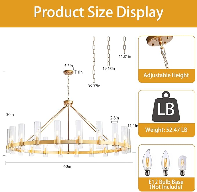 48" Gold Wagon Wheel Chandelier, 16-Light Farmhouse Round Pendant Light Fixture with Glass Shade, Large Hanging High Ceilings Chandeliers for Dining Room Kitchen Foyer Entryway Living Room