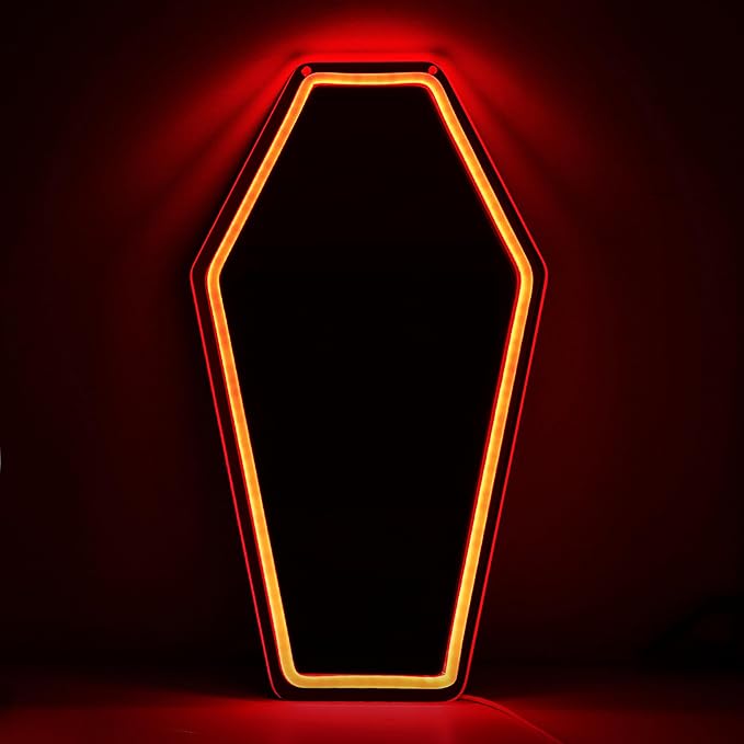 Kavaas Neon Coffin Mirror 16.9" x 9.6", Gothic LED Light Mirror Sign for Gothic Room Decor, Living Room, Bedroom, Bar - Best Gifts for Goth Lovers, Halloween Neon Signs Wall Art, Christmas