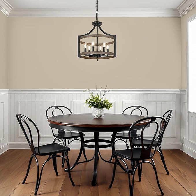 6-Light Farmhouse Chandelier, Metal Faux Wood Hanging Pendant Lighting, Convertible Semi Flush Mount Ceiling Light Fixture Rustic Black Chandeliers for Dining Room Kitchen Foyer Entryway