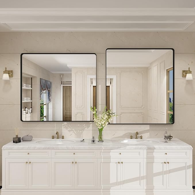 40x36 Inch Black Metal Framed Bathrrom Mirror for Wall, Black Rounded Rectangle Mirror, Matte Black Bathroom Vanity Mirror, Anti-Rust, Tempered Glass, Hangs Horizontally or Vertically