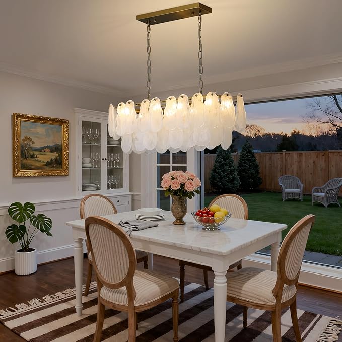 Modern Glass Chandelier 8-Light Rectangle Gold Brass Chandelier Luxury Oval 2-Tiers Crystal Cloud Glass Pendant Ceiling Light for Dining Room Living Room Kitchen Island L31.5'' (E12)