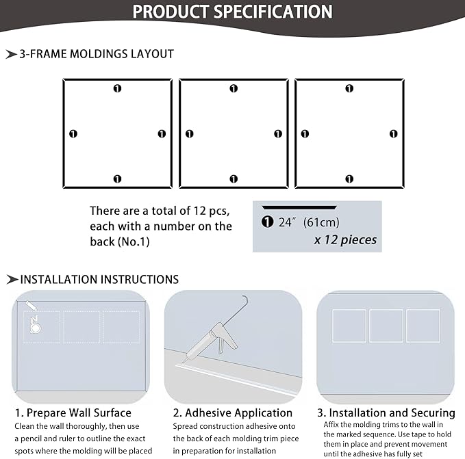 3-Frame 24" x 24" Premade Accent Wall Molding Kit, Ready-to-Assemble Wainscoting Panels, Pre-Cut Chair Rail Moulding Trim Picture Frame for Home Décor