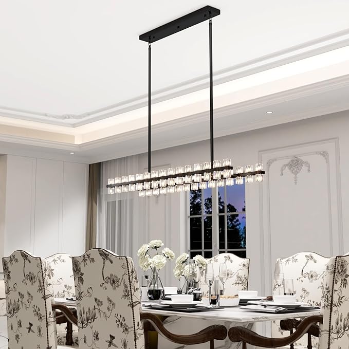 Black Rectangular Crystal Chandelier Light Fixture 53.4 in Dining Room Chandelier Over Table Modern Farmhouse Ceiling Pendant Hanging Light Fixture for Living Room, Kitchen Island (Bulb not Included)