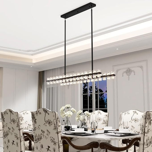 Black Rectangular Crystal Chandelier Light Fixture 53.4 in Dining Room Chandelier Over Table Modern Farmhouse Ceiling Pendant Hanging Light Fixture for Living Room, Kitchen Island (Bulb not Included)