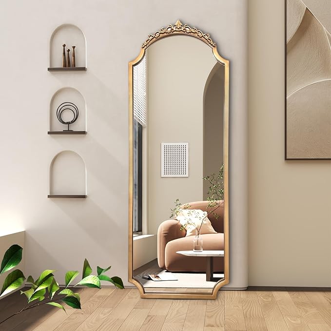 Large Gold Arched Mirror, 61"x22" Vintage Floor Mirror for Dressing, Ornate Baroque Mirrors Full Length, Traditional Carved Mantel Mirrors for Living Room Bathroom Bedroom Entryway