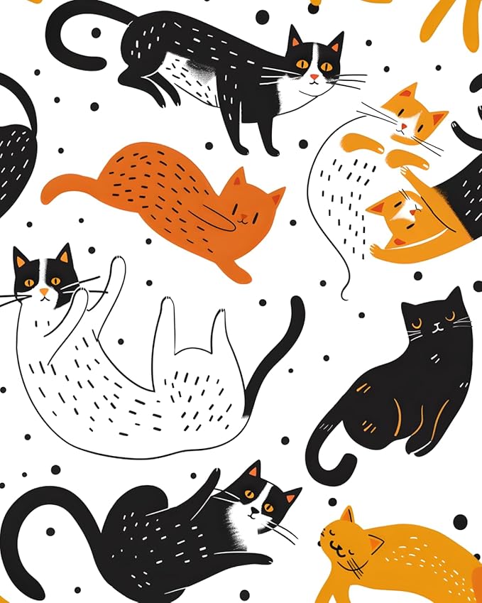 Cat Peel and Stick Wallpaper Boho Leaf Contact Paper Cute Animal Removable Self Adhesive Waterproof Wall Paper for Cabinet Drawers Wall Decor Renter Friendly 17.5''x118''