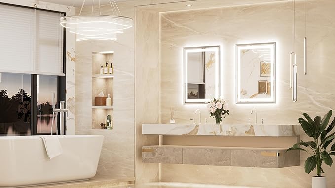 Keonjiinn 24 x 32 Inch LED Bathroom Mirror with Frontlit & Backlit, Brushed Nickel Lighted Bathroom Vanity Mirror, Metal Framed Beveled Edge, HD Tempered Glass, 3 Color Lights, Safe Defogging