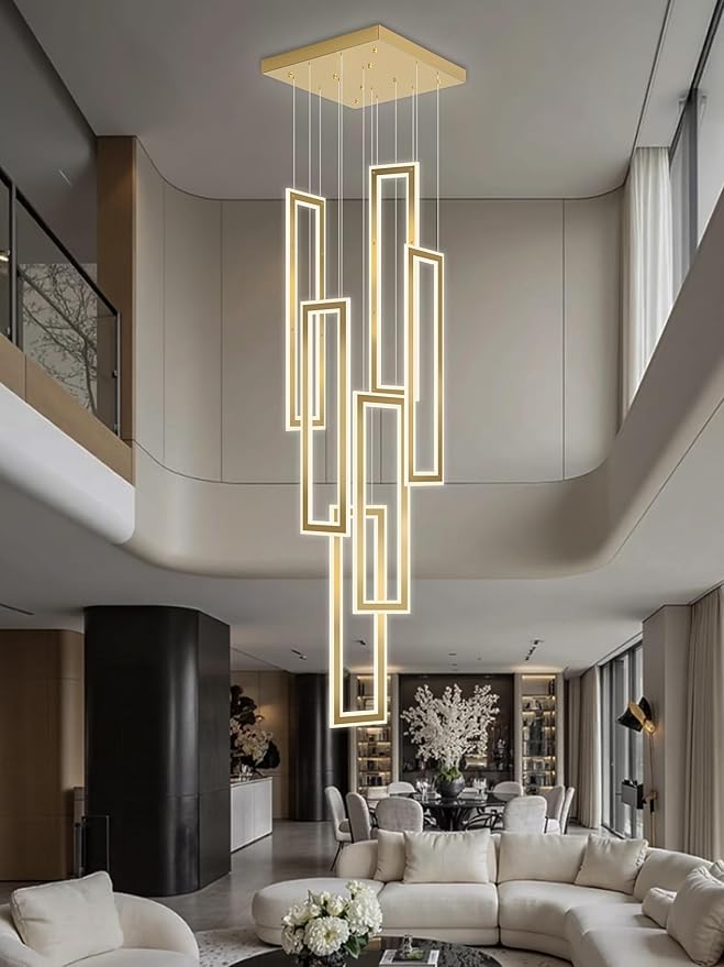 Modern Chandelier,6 Ring Led Foyer Chandeliers,Larger High Ceiling Chandelier for Living Room,Gold Rectangle Chandelier for Entryway Staircase LED Dimming 2700k-6000k