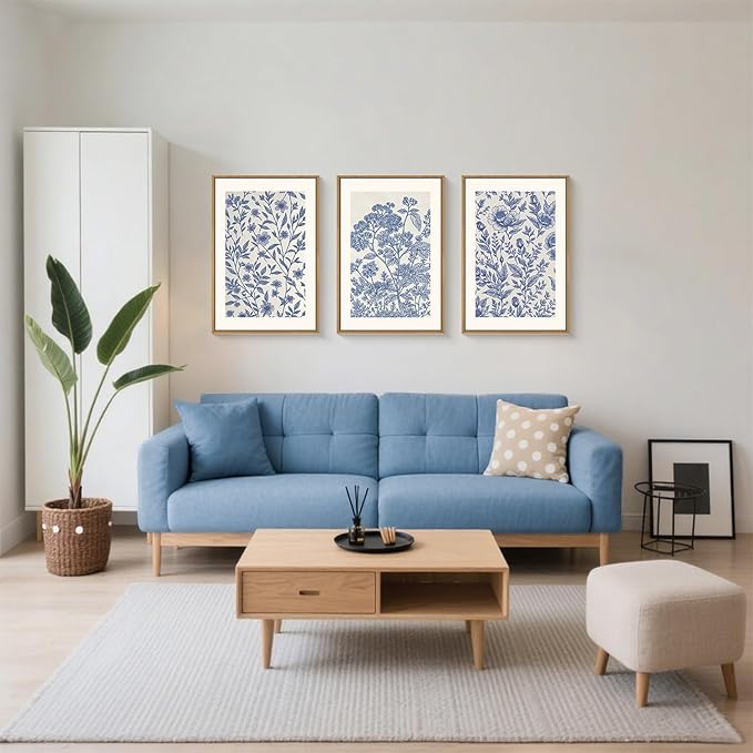 Large Classic Chinoiserie Flower Framed Canvas Wall Art Set,Minimalist Blue and White Floral Wall Decor,Navy Watercolor Botanical Blossom Artwork for Living Room,Bedroom-16 x24 x3