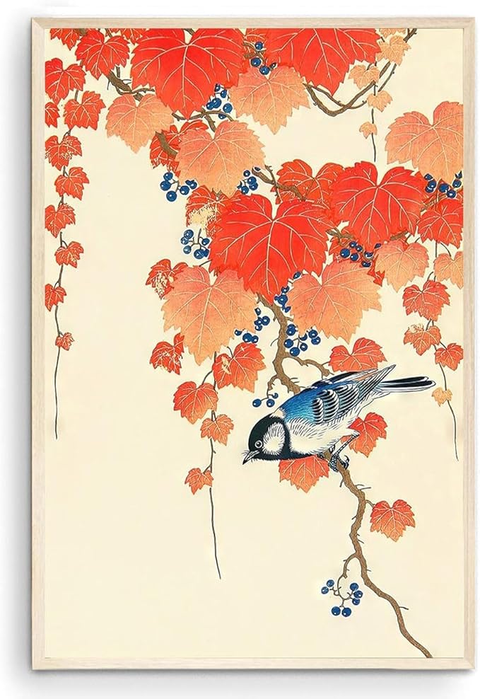 OZCONO Japanese Bird Art Print, Vintage Blue Songbird with Red Maple Leaves, Gallery Quality UV-Resistant Giclée Print, Unframed Wall Decor (24L x 16W)