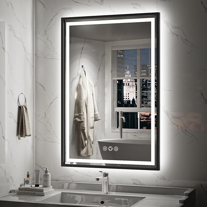 24x36 Inch LED Bathroom Mirror with Lights,Front and Backlit Black Metal Frame Mirror,Wall Mounted Lighted Vanity Mirrors,Double Lights Strips,Anti Fog Stepless Dimmable