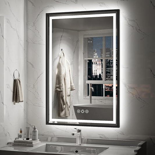 24x36 Inch LED Bathroom Mirror with Lights,Front and Backlit Black Metal Frame Mirror,Wall Mounted Lighted Vanity Mirrors,Double Lights Strips,Anti Fog Stepless Dimmable